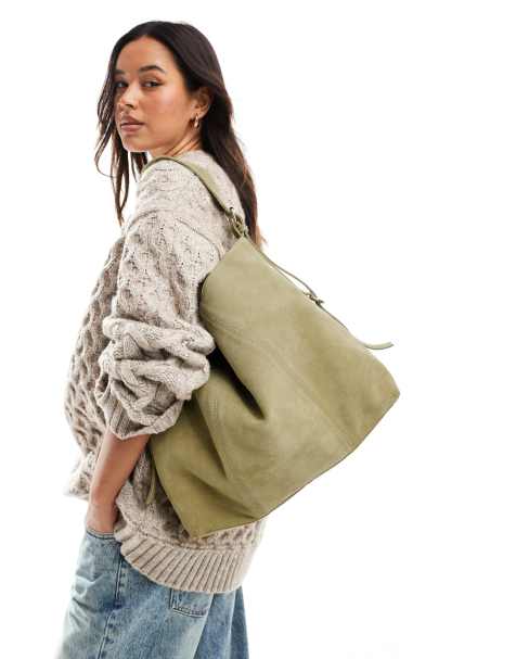 ASOS DESIGN – Kakigrön toteväska i mocka med spänne - view 1