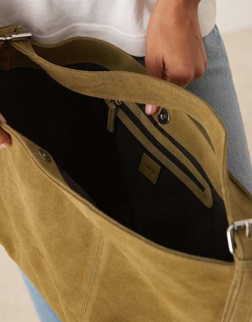 ASOS DESIGN – Kakigrön toteväska i mocka med spänne, 2 av 4