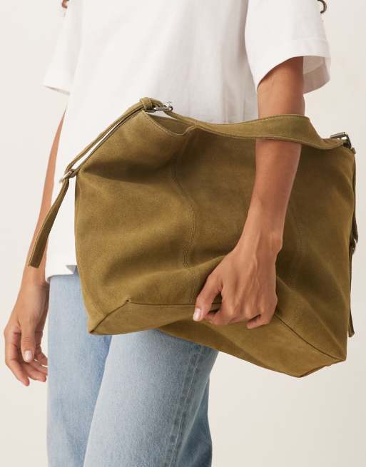 ASOS DESIGN – Kakigrön toteväska i mocka med spänne, 4 av 4