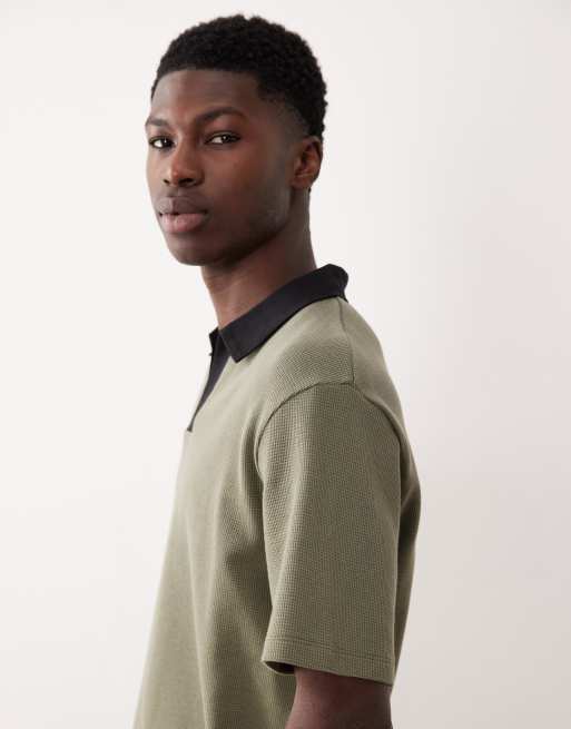 ASOS DESIGN – Kakigrön, våfflad, avslappnad pikétröja med sprund i halsen , 4 av 5
