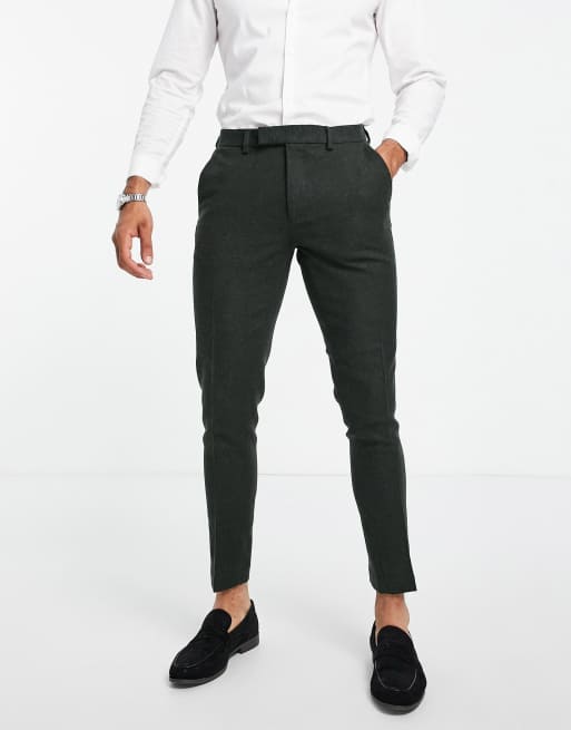 ASOS DESIGN – Kakigröna kostymbyxor i extra skinny passform i tweed av ylletyg