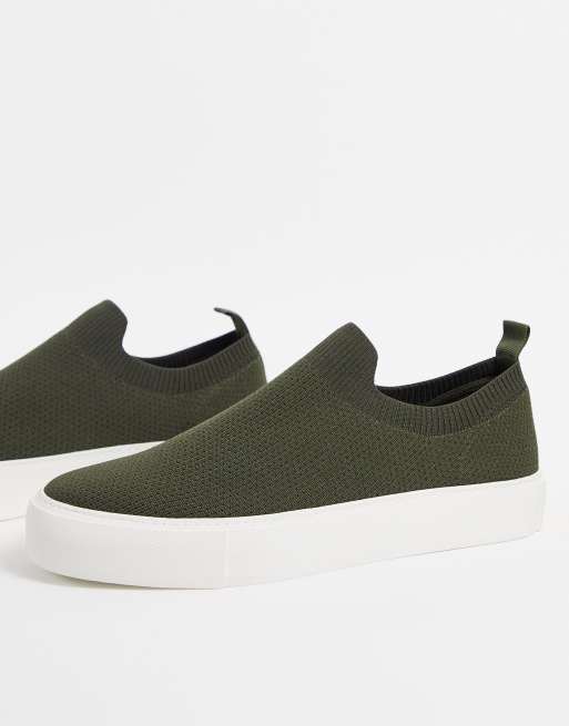 ASOS DESIGN – Kakigröna, stickade sneakers i slip on-modell