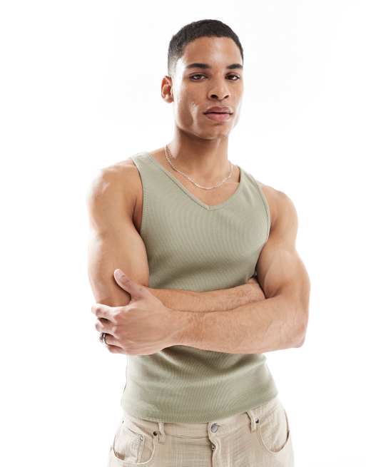 ASOS DESIGN – Kakigrönt, ribbat linne i muscle fit