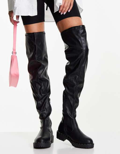 ASOS DESIGN – Kally – Platta svarta lårhöga stövlar med bred passform, 3 av 4