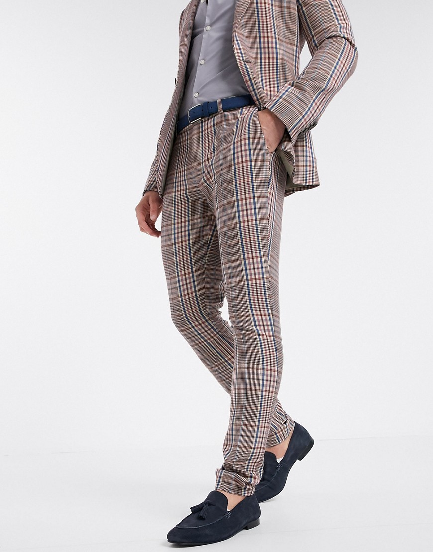 ASOS DESIGN – Kamel- och flerfärgade kostymbyxor i rutigt mönster med extra smal passform-Beige