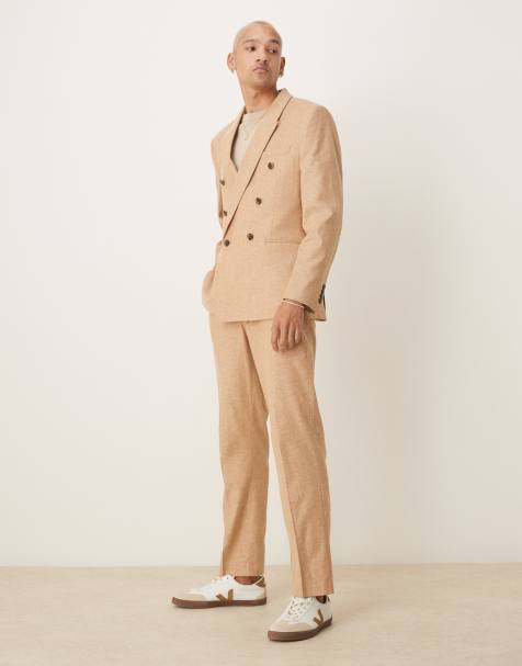 ASOS DESIGN – Kamelbrun, dubbelknäppt i linnemix med regular passform - view 1