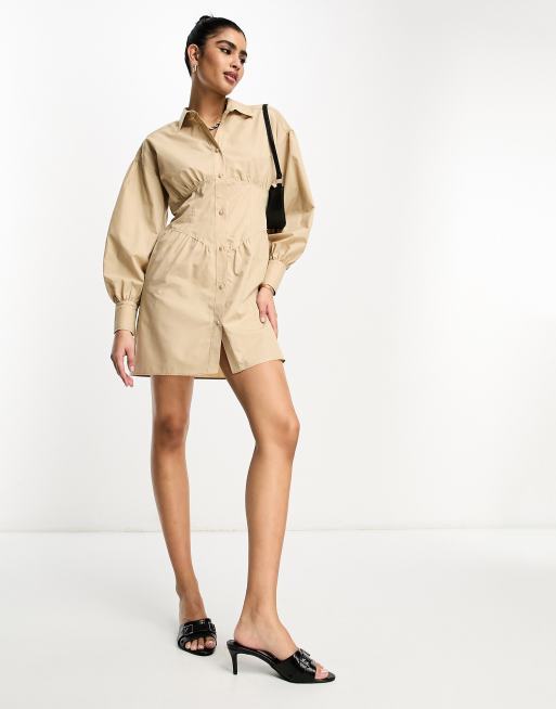 ASOS DESIGN – Kamelbrun skjortklänning i minilängd med korsettdetalj och ballongärmar