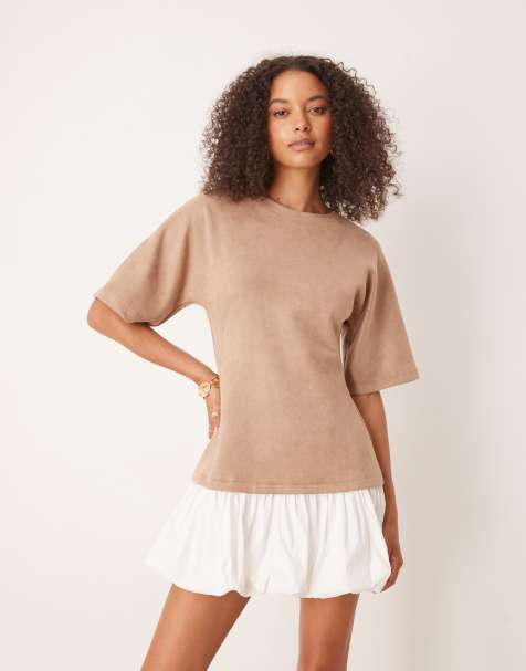 ASOS DESIGN – Kamelbrun t-shirtklänning i minilängd med ballongfåll i mockaimitation - view 1