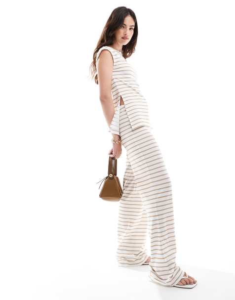 ASOS DESIGN – Kamelbruna, randiga byxor med vida ben, del av set - view 1