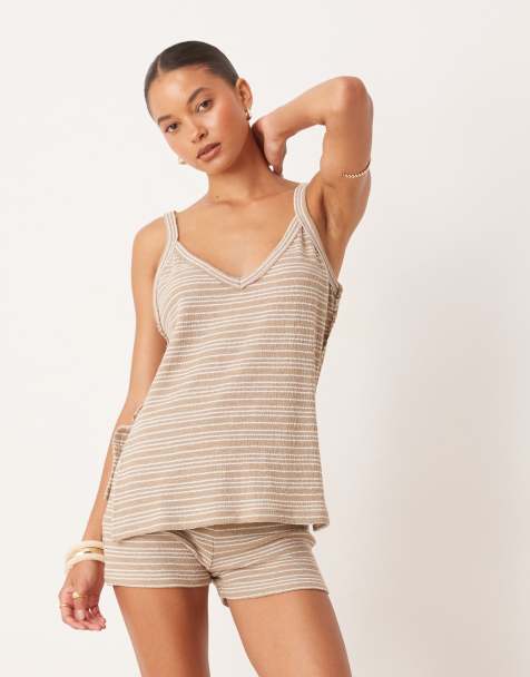 ASOS DESIGN – Kamelfärgad, randig, kort topp med textur, del av set - view 1