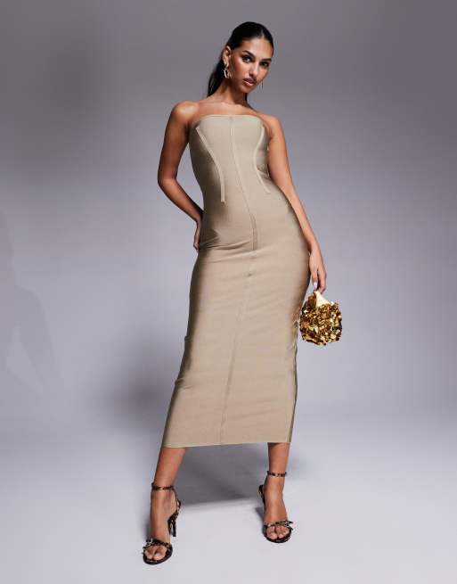 ASOS DESIGN – Kamiennobeżowa bandażowa sukienka midi z ozdobnymi szwami