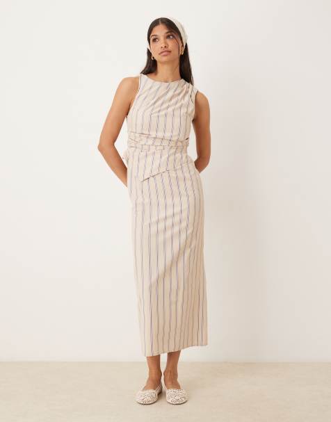 ASOS DESIGN 2 in 1 drape midi dress with stripe bodice in stone stripe