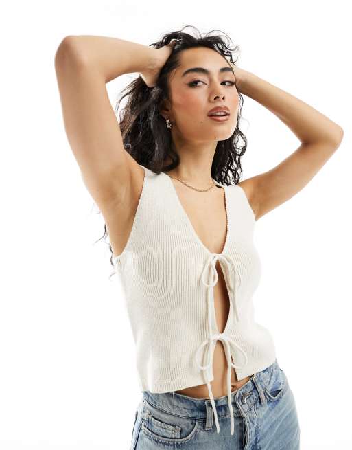 ASOS DESIGN – Kamiennobeżowa dzianinowa kamizelka z wiązaniem z przodu
