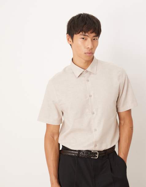 ASOS DESIGN formal linen blend regular shirt in stone