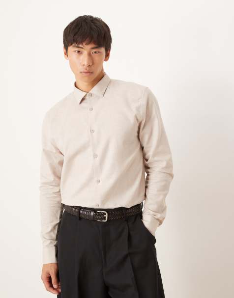 ASOS DESIGN formal linen blend regular shirt in stone