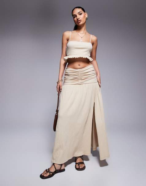 ASOS DESIGN crinkle drop waist maxi skirt in stone