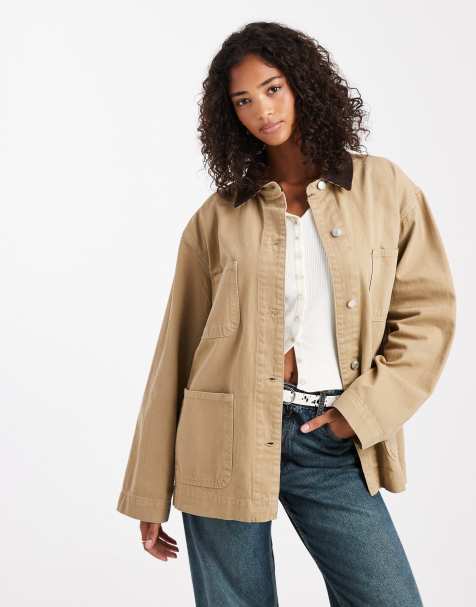 ASOS DESIGN denim barn jacket with contrast collar in stone