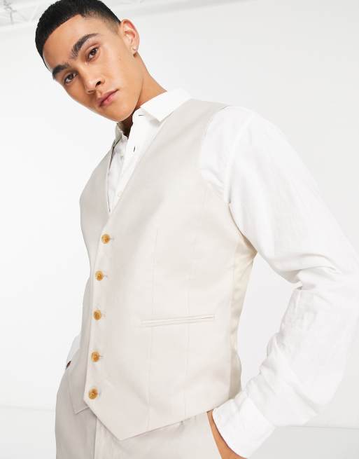 ASOS DESIGN – Kamiennobeżowa kamizelka garniturowa o obcisłym kroju z mieszanki lnu