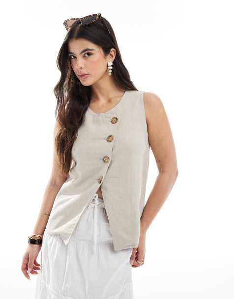 ASOS DESIGN linen look asymmetric button front waistcoat in stone