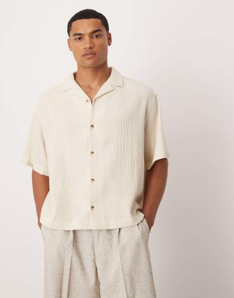 ASOS DESIGN boxy revere shirt with pin tuck detailing in stone
