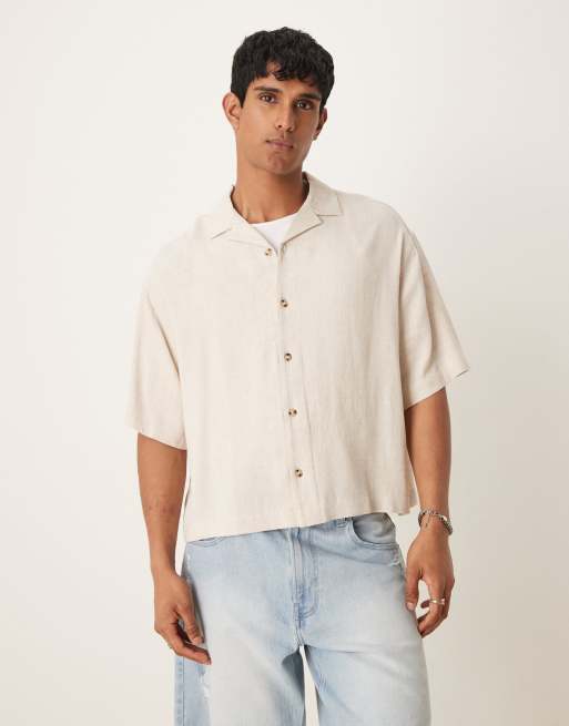 ASOS DESIGN – Kamiennobeżowa koszula oversize o pudełkowym kroju z kołnierzykiem kubańskim z mieszanki lnianej