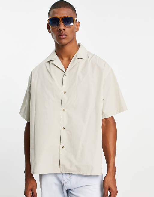 ASOS DESIGN – Kamiennobeżowa koszula oversize o pudełkowym kroju z krótkim rękawem