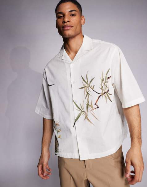 ASOS DESIGN oversized revere shirt with placement print in stone