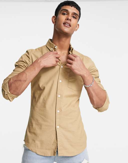 ASOS DESIGN – Kamiennobeżowa koszula oxford o obcisłym kroju