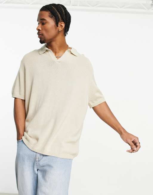ASOS DESIGN – Kamiennobeżowa koszulka polo oversize z wycięciem w dekolcie ze średniej grubości dzianiny bawełnianej
