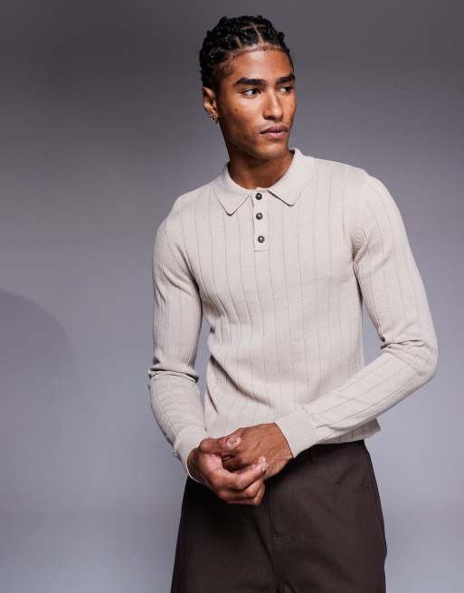 ASOS DESIGN – Kamiennobeżowa koszulka polo z długimi rękawami o kroju podkreślającym sylwetkę z prążkowanej dzianiny