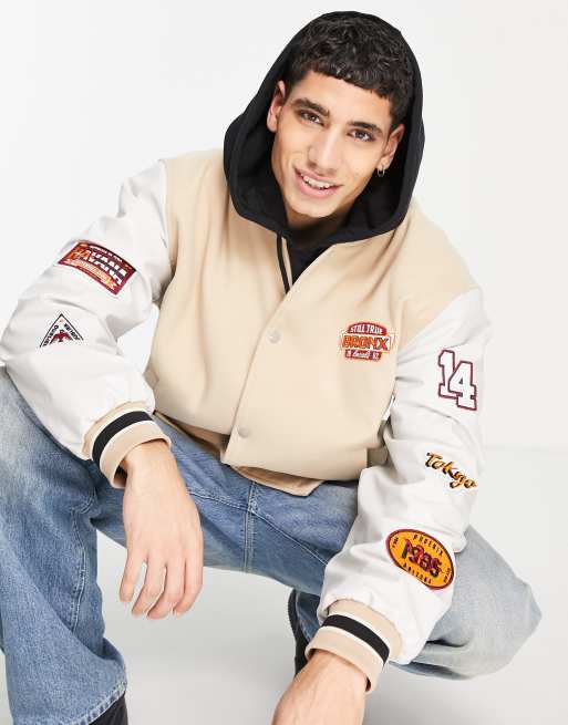 ASOS DESIGN – Kamiennobeżowa kurtka bomberka oversize z rękawami z imitacji skóry w uczelnianym stylu