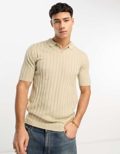 ASOS DESIGN – Kamiennobeżowa lekka koszulka polo o kroju podkreślającym sylwetkę z prążkowanej dzianiny