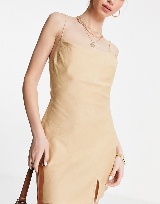  Sport ASOS DESIGN – Kamiennobeżowa lniana letnia sukienka mini na ramiączkach Kamiennobeżowy