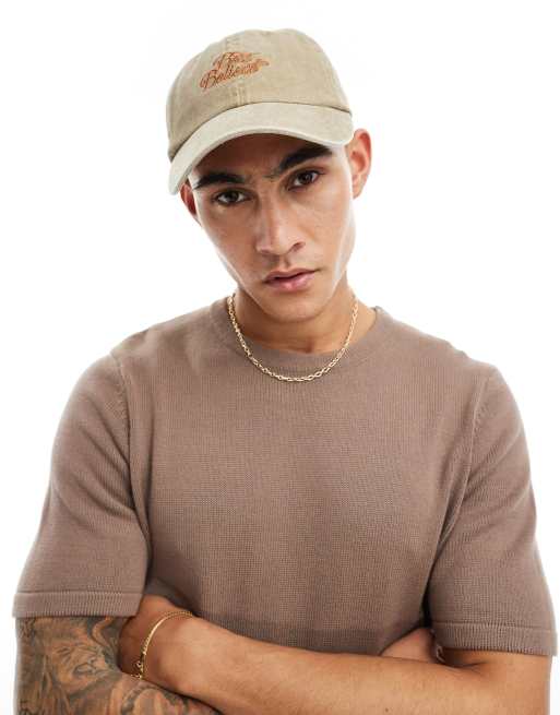 ASOS DESIGN – Kamiennobeżowa miękka czapka baseballowa z daszkiem z haftem i efektem sprania