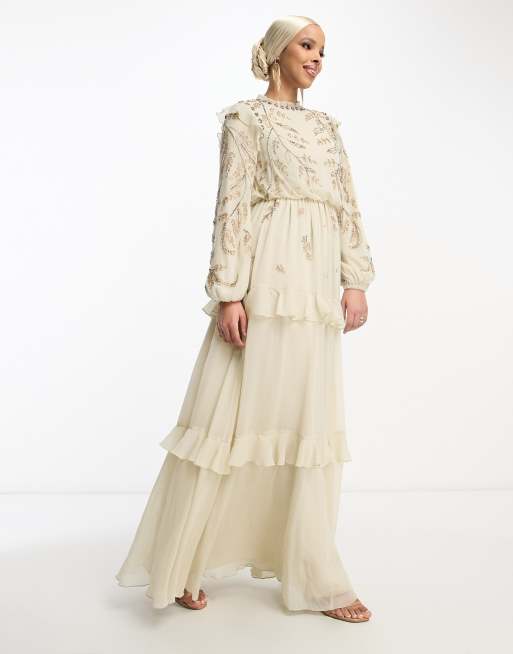 ASOS DESIGN – Kamiennobeżowa miękka sukienka maxi w zdobiony kwiatowy wzór