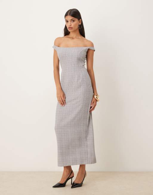 ASOS DESIGN – Kamiennobeżowa ołówkowa sukienka midi w kratkę z odsłoniętymi ramionami