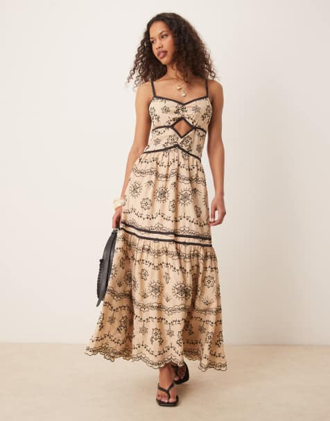 ASOS DESIGN cami cut out embroidered maxi dress in stone with black tipping