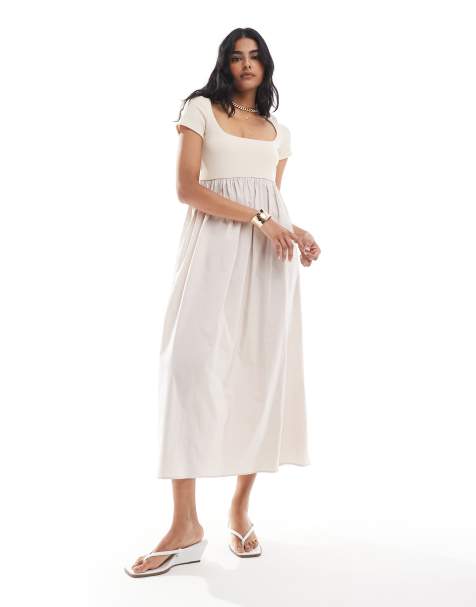 ASOS DESIGN – Kamiennobeżowa sukienka midi z prążkowaną górą - view 1