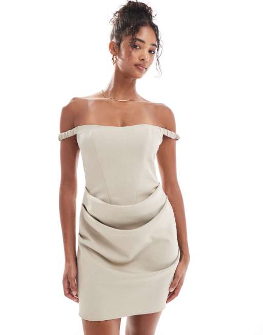 ASOS DESIGN – Kamiennobeżowa sukienka mini z dekoltem bardot, 4 z 4