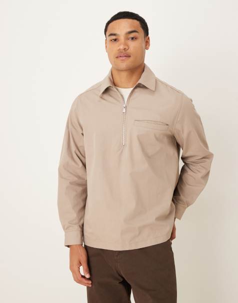 ASOS DESIGN overhead poplin zip shirt in stone