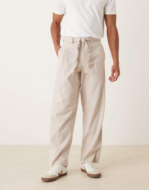 ASOS DESIGN smart wide leg trousers with belt in stone linen