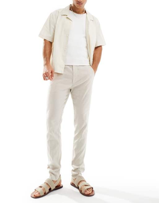ASOS DESIGN – Kamiennobeżowe eleganckie spodnie o obcisłym kroju z mieszanki lnu