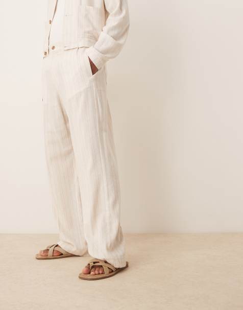 ASOS DESIGN – Kamiennobeżowe eleganckie spodnie o prostym kroju z mieszanki lnu w prążki, część zestawu - view 1