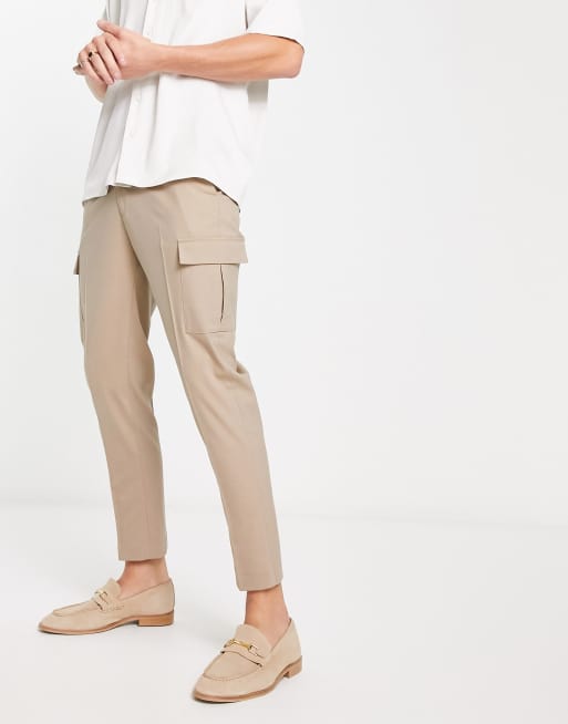 ASOS DESIGN – Kamiennobeżowe eleganckie spodnie o zwężanym kroju z kieszeniami w stylu bojówek