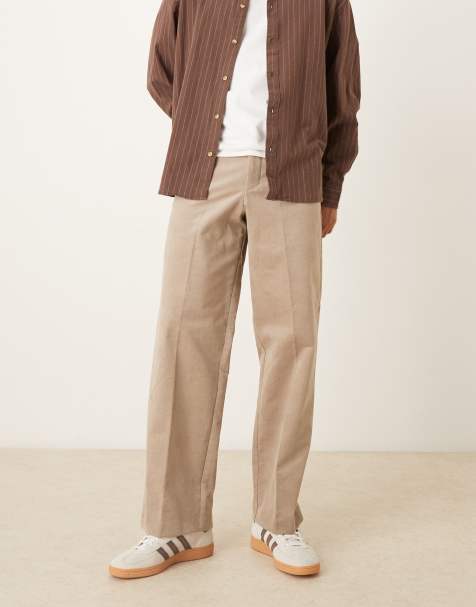 ASOS DESIGN smart cotton rich wide leg corduroy trousers in stone with side adjusters