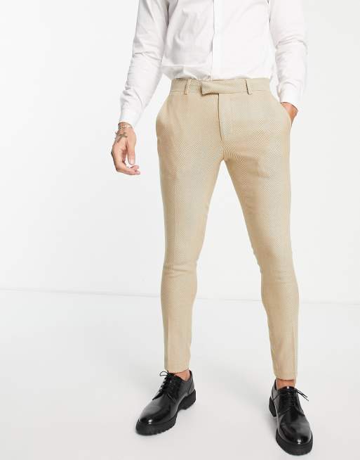 ASOS DESIGN – Kamiennobeżowe, eleganckie spodnie w jodełkę, o bardzo obcisłym kroju, z dodatkiem wełny