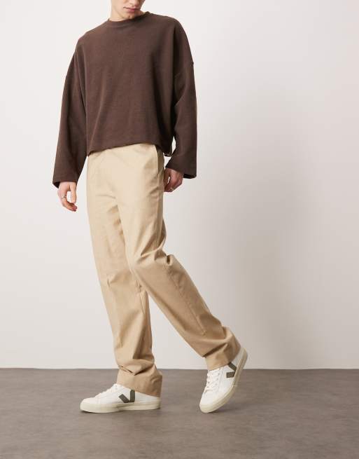 ASOS DESIGN – Kamiennobeżowe eleganckie spodnie z prostymi nogawkami z imitacji lnu