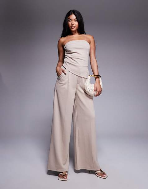 ASOS DESIGN co-ord smart wide leg trousers in stone
