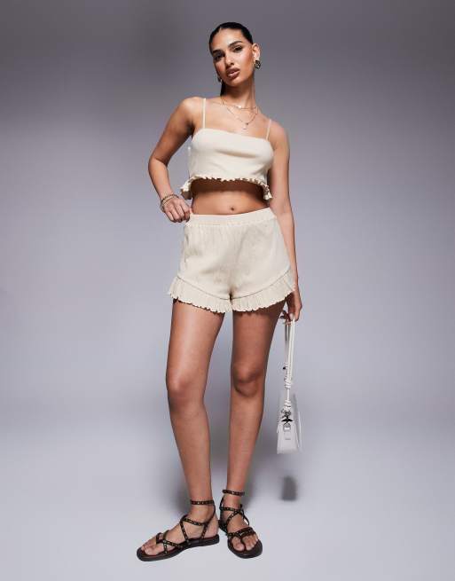 ASOS DESIGN – Kamiennobeżowe gniecione szorty ze zwiewną falbanką u dołu, część zestawu