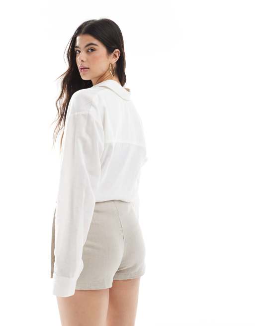 ASOS DESIGN – Kamiennobeżowe kopertowe spódnicospodnie z imitacji lnu, 3 z 5